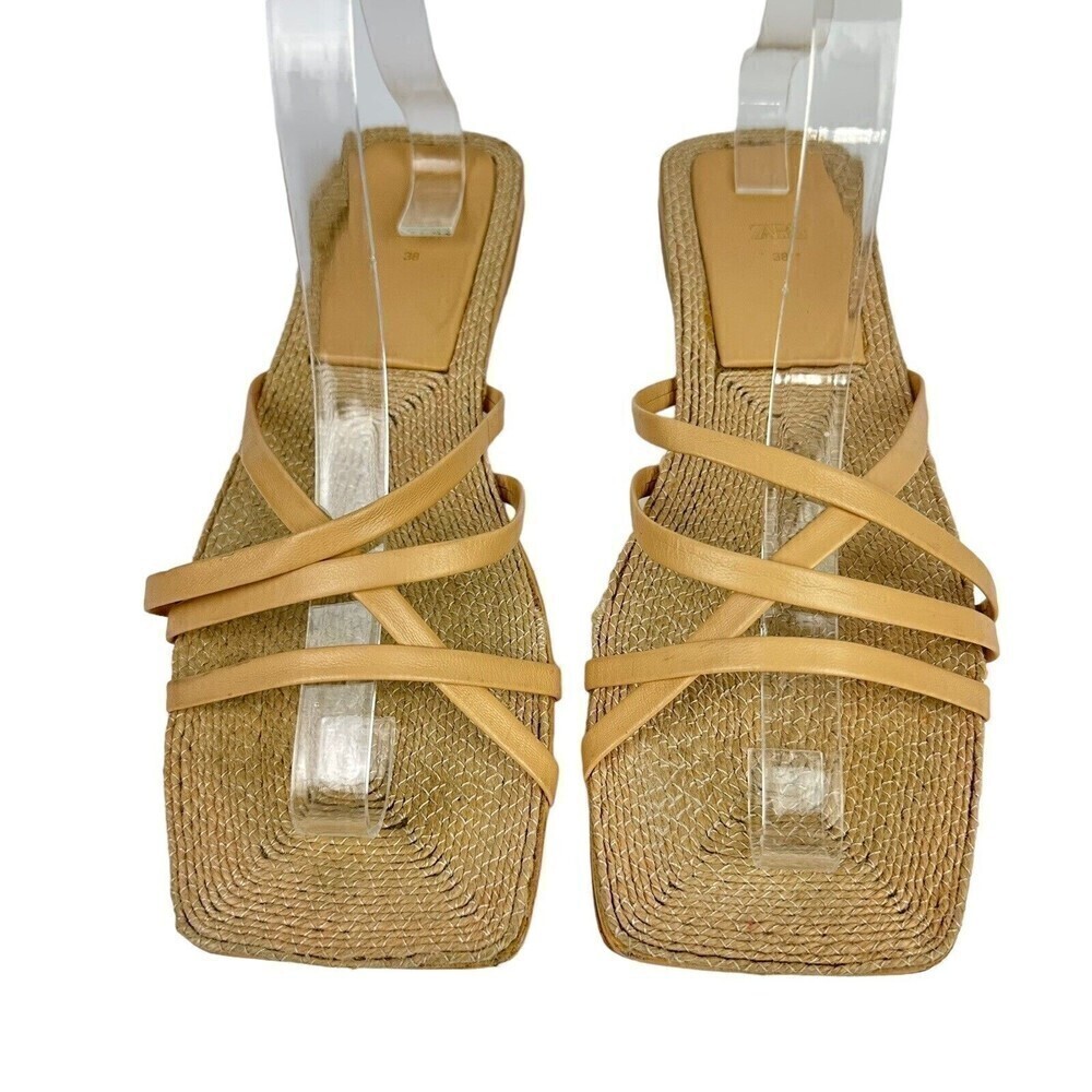 Zara Sheos Womens Size 38 Beige Square Toe Strappy Flat Sandals Jute 7.5 US READ - Picture 4 of 16